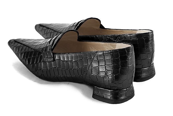 Satin black women's fashion loafers. Pointed toe. Flat flare heels. Rear view - Florence KOOIJMAN